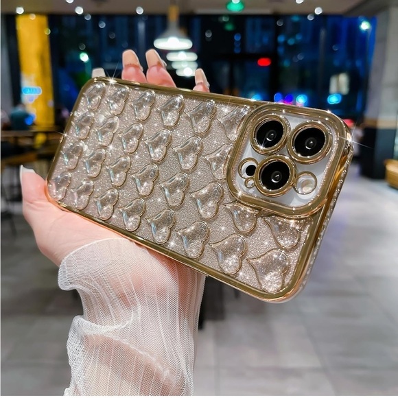 iPhone 13 Pro Max Luxurly Plated Glitter Transparent 3D Heart Bling Spar…